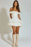 Ivory Off The Shoulder A Line Ruffled Graduation Dress
