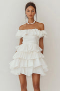 White Tiered Ruffled Off the Shoulder Graduation Dress