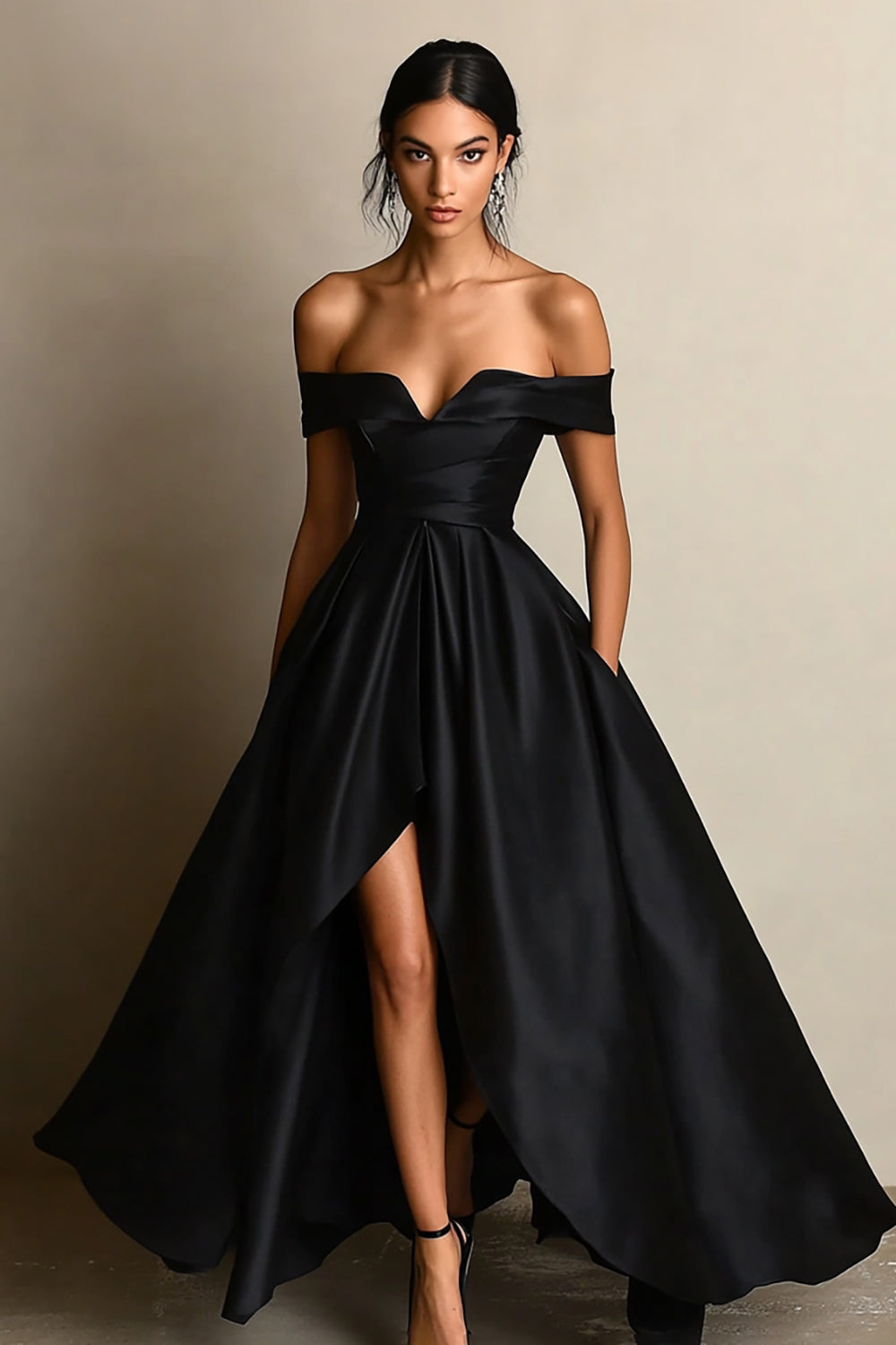 Black Off The Shoulder A Line High Low Formal Dress