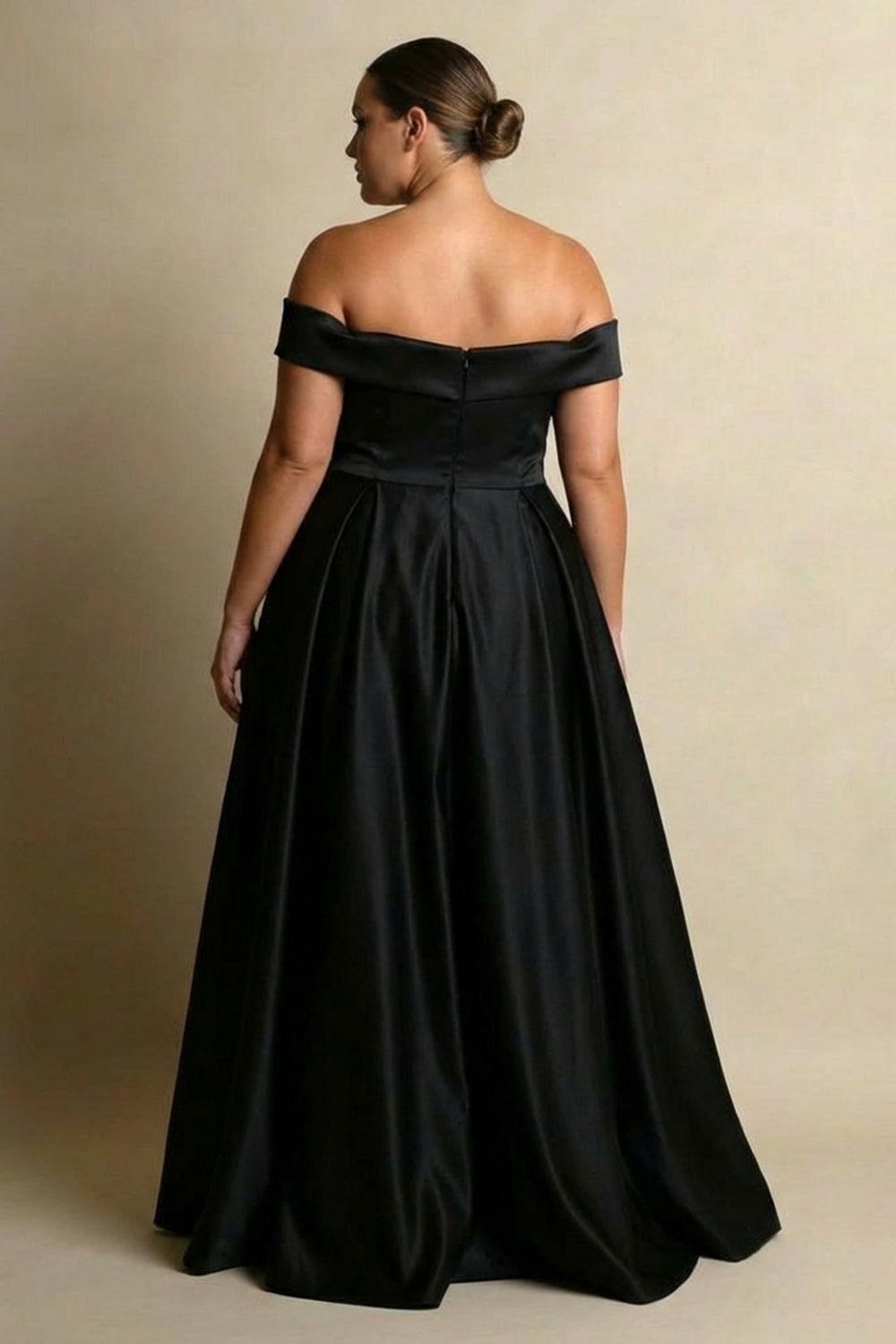 Black A Line Off the Shoulder Plus Size Satin Formal Dress