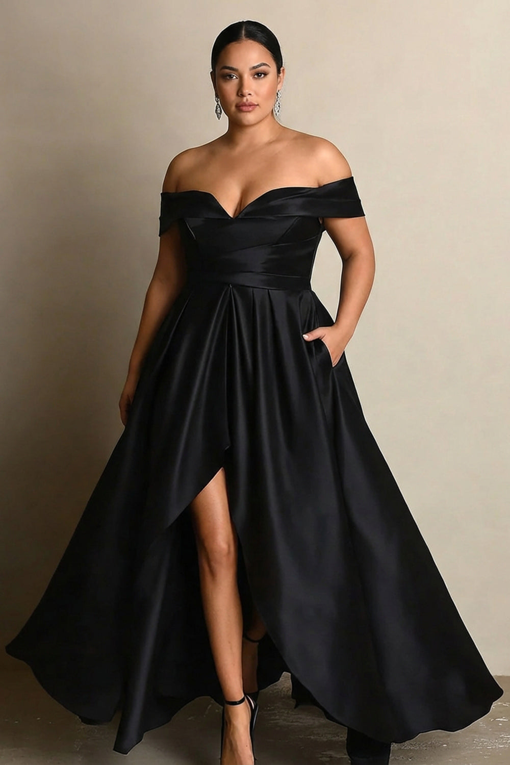 Black A Line Off the Shoulder Plus Size Satin Formal Dress