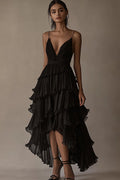 Ruffled High Low Tiered Chiffon Black Tie Dress