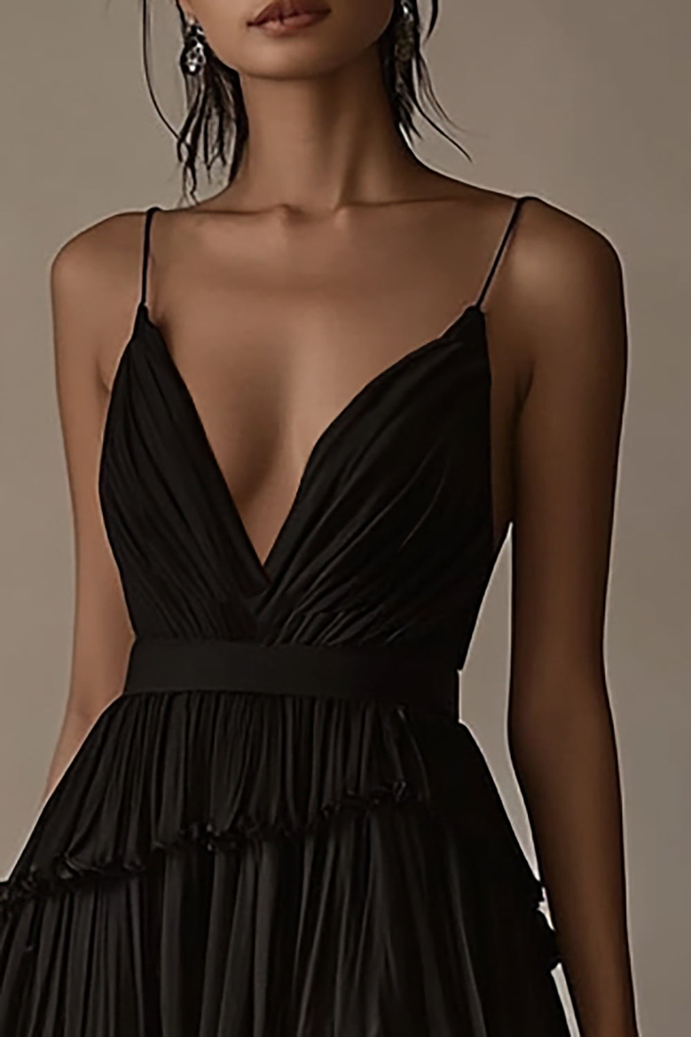 Ruffled High Low Tiered Chiffon Black Tie Dress