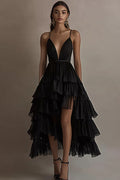 Ruffled Tiered Chiffon High Low Black Tie Dress