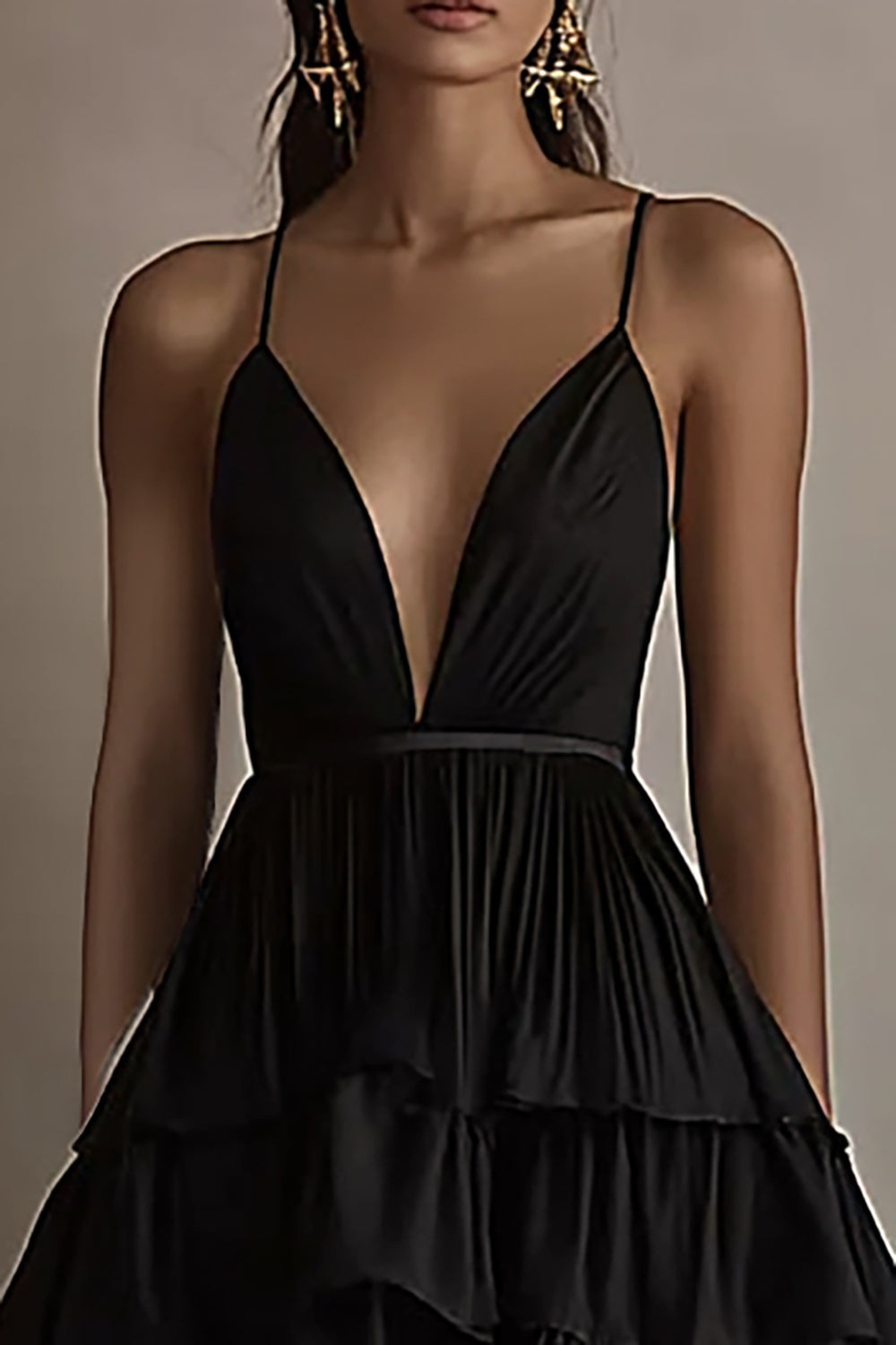 Ruffled Tiered Chiffon High Low Black Tie Dress