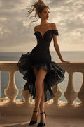 Off The Shoulder Ruffled High-Low Black Tie Dress