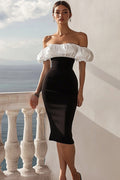 Off The Shoulder Satin Bodycon Midi Black Tie Dress with Puff Sleeves