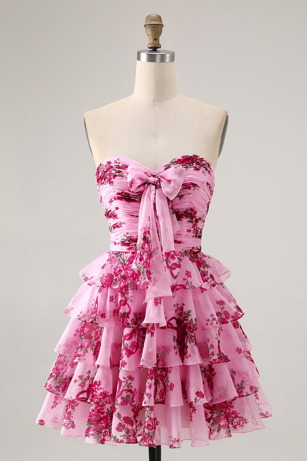 A-Line White Blue Flower Strapless Homecoming Dress With Ruffles