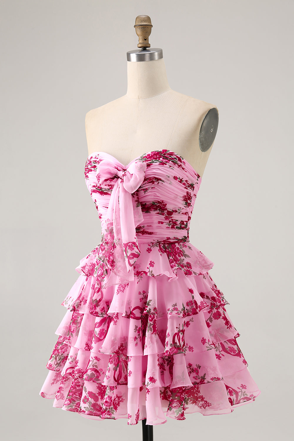 A-Line White Blue Flower Strapless Homecoming Dress With Ruffles