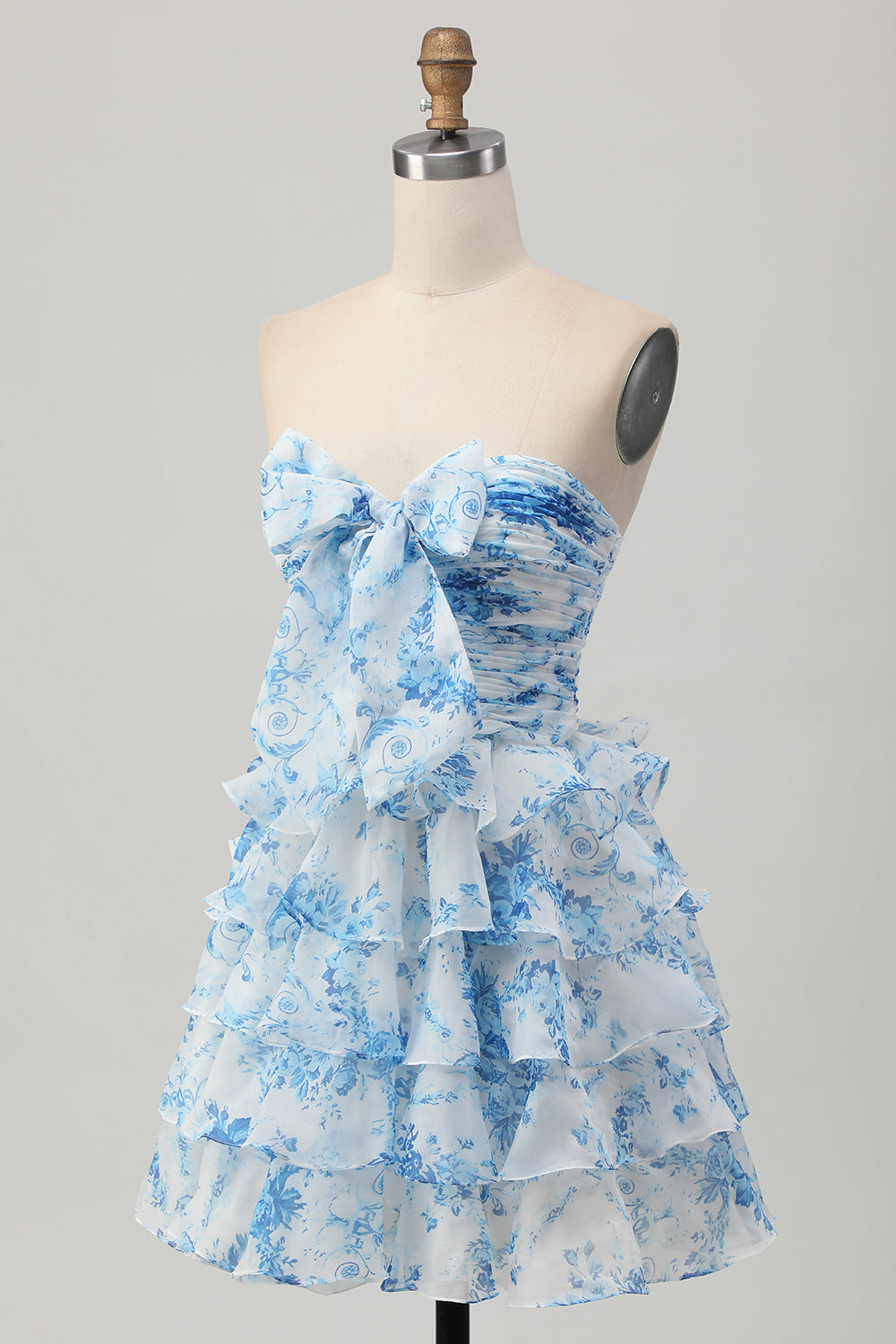 Pink Flower A Line Tiered Strapless Homecoming Dress with Bow