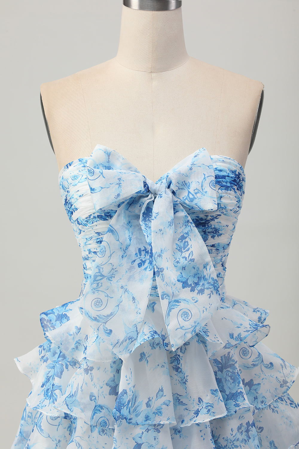Pink Flower A Line Tiered Strapless Homecoming Dress with Bow