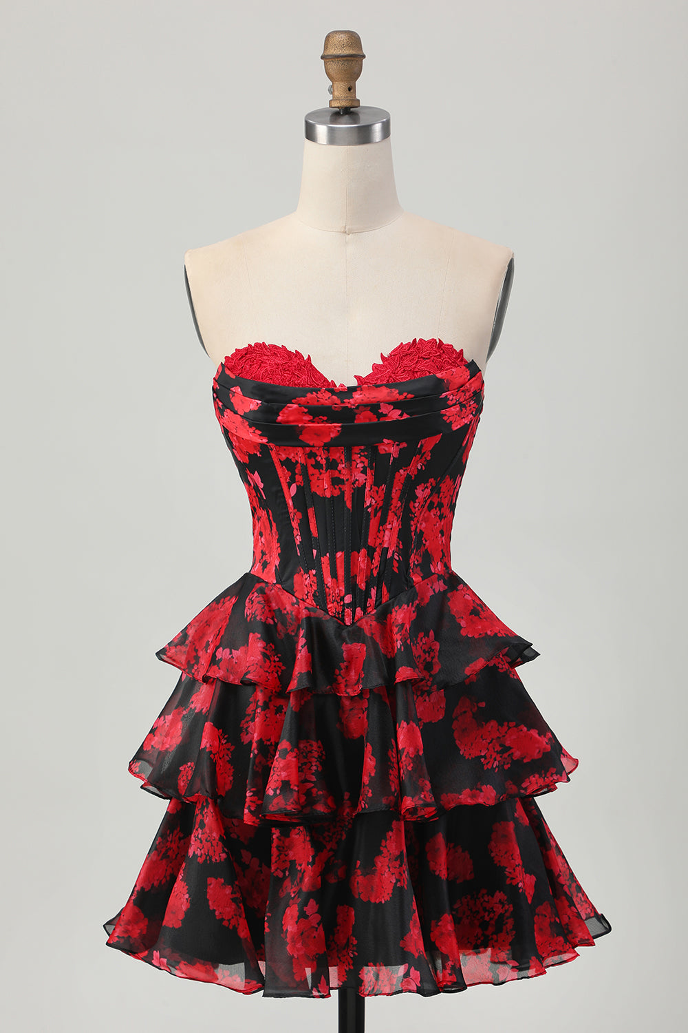 Floral Black Red Corset A-Line Strapless Tiered Homecoming Dress