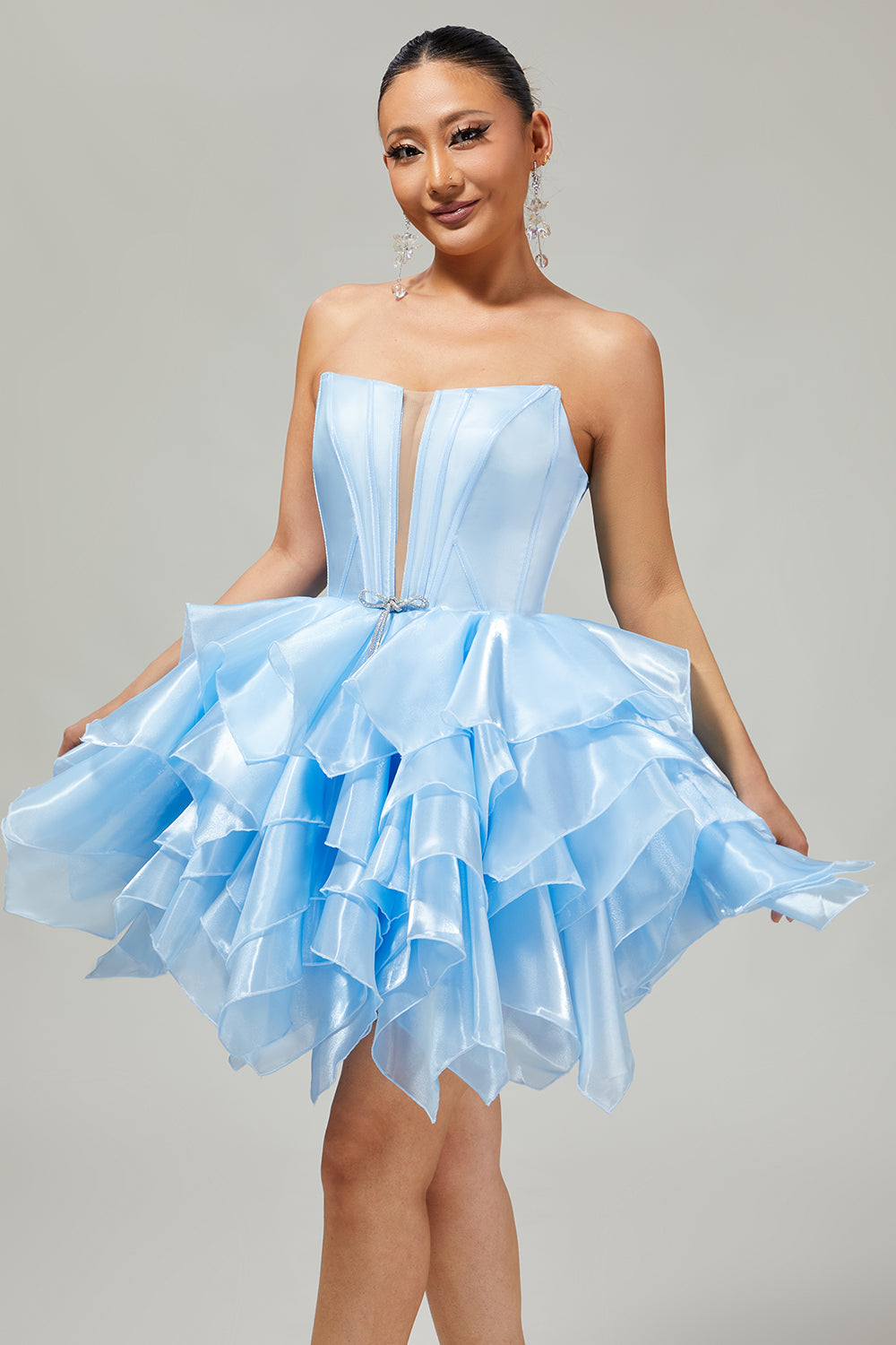 Corset A Line Tiered Strapless Pink Homecoming Dress with Lace Up Back