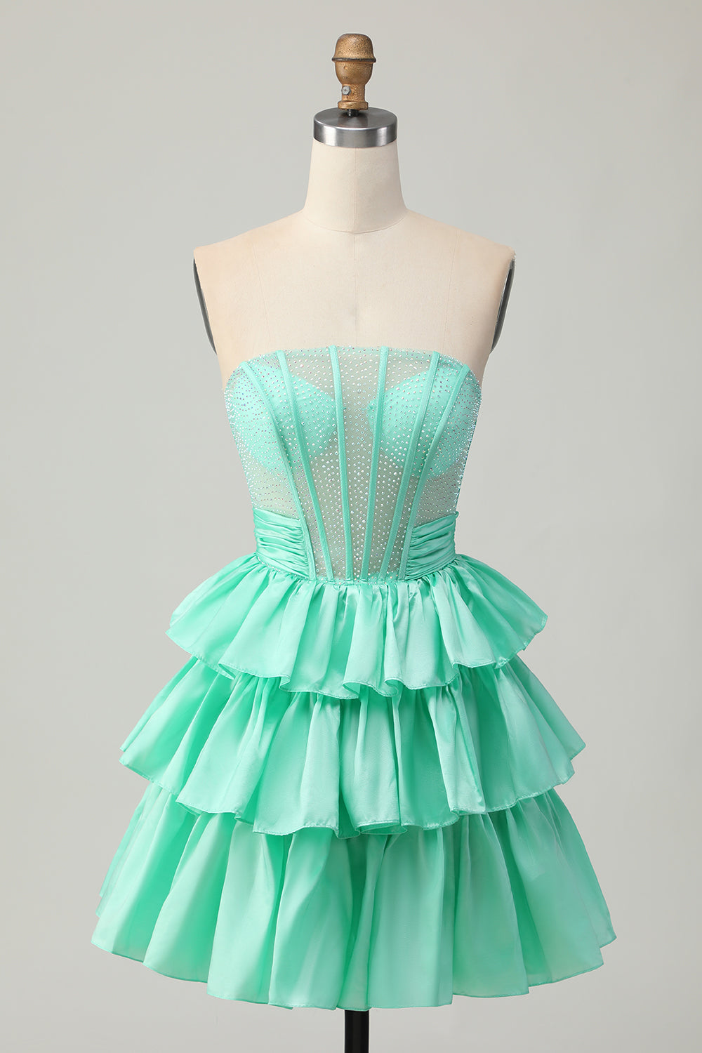 Green A-Line Corset Beaded Tiered Ruffle Strapless Homecoming Dress