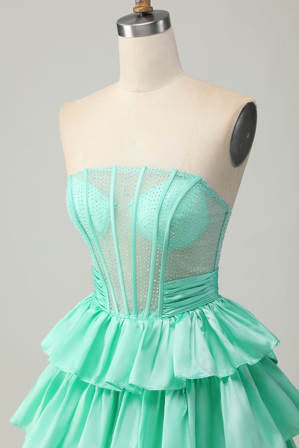Red Strapless Beaded A Line Tiered Corset Homecoming Dress with Bow