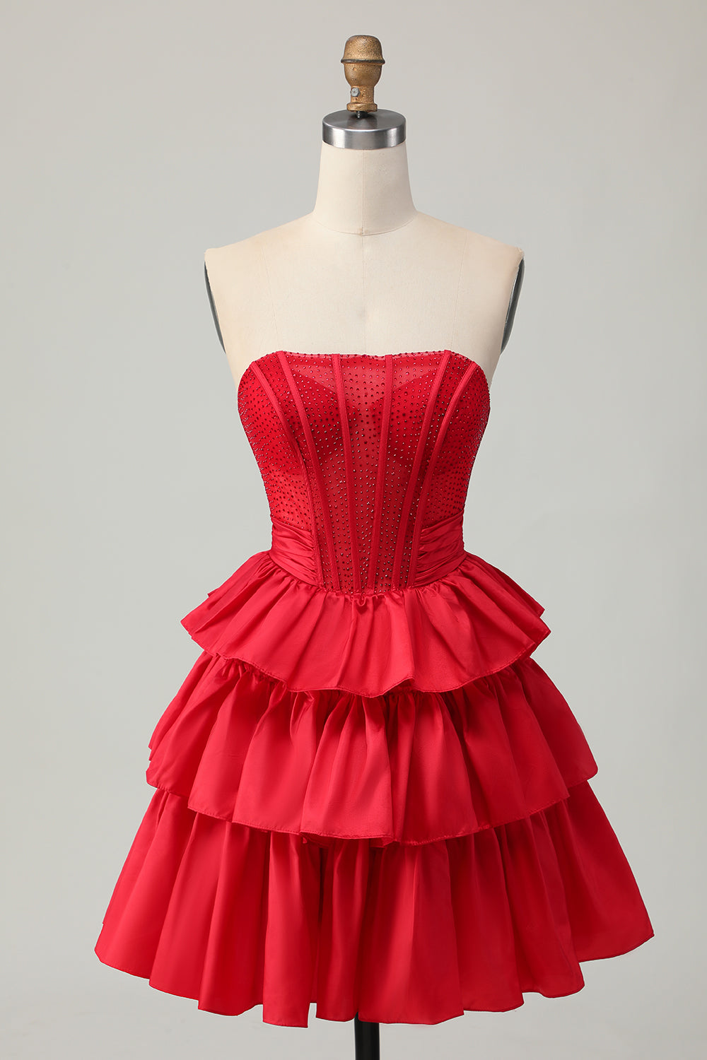 Strapless Red Tiered Corset A-Line Homecoming Dress With Beading