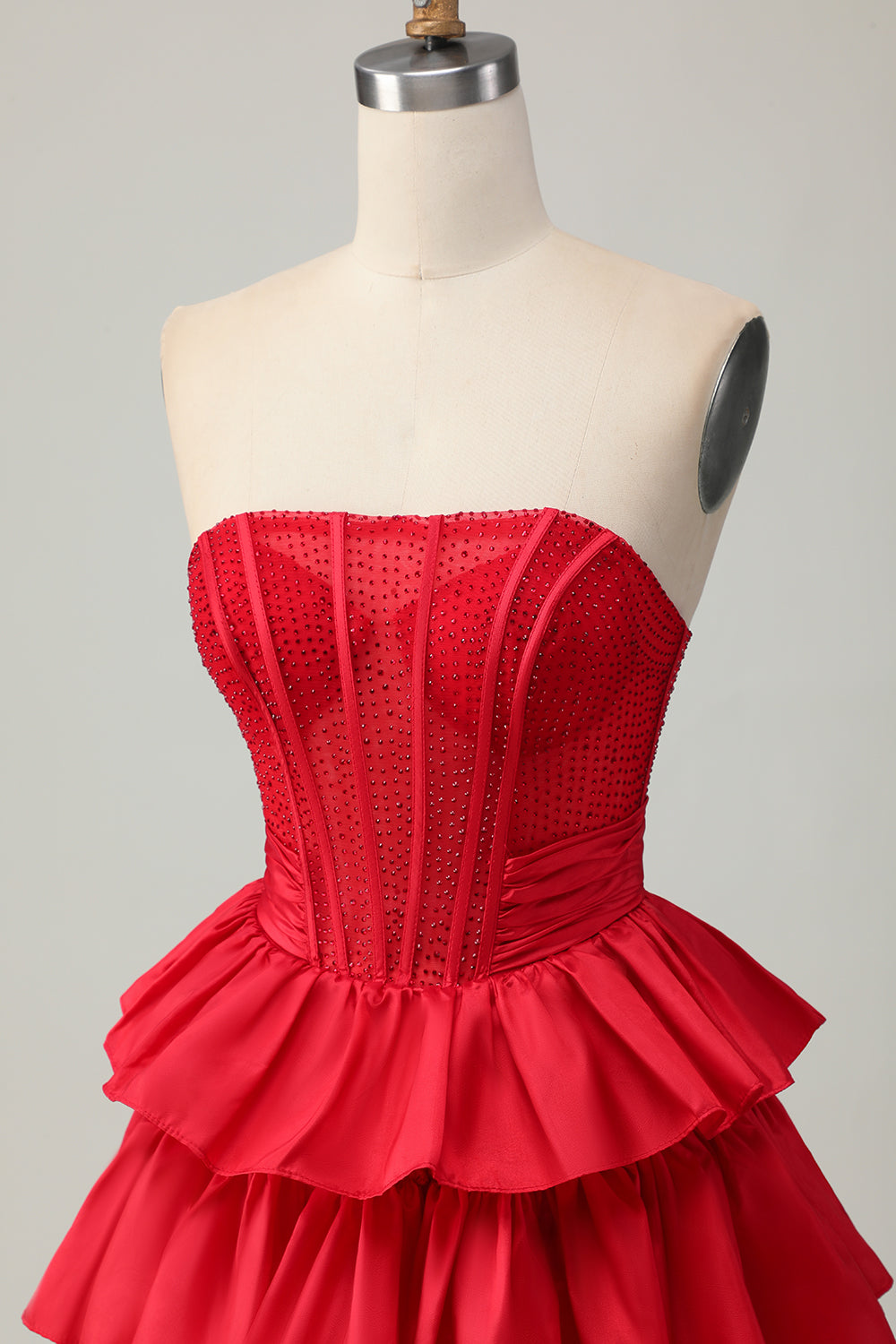 Red Strapless Beaded A Line Tiered Corset Homecoming Dress with Bow