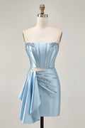 Blue Corset Beaded Cut Out Satin Tight Homecoming Dress with Streamer