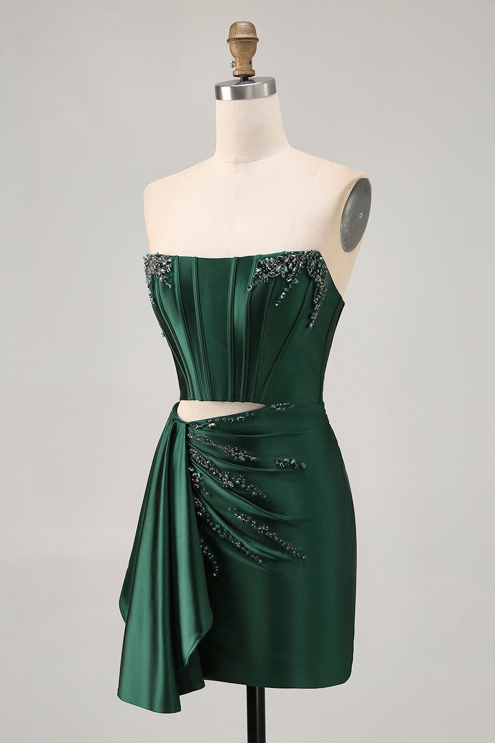 Blue Corset Beaded Cut Out Satin Tight Homecoming Dress with Streamer
