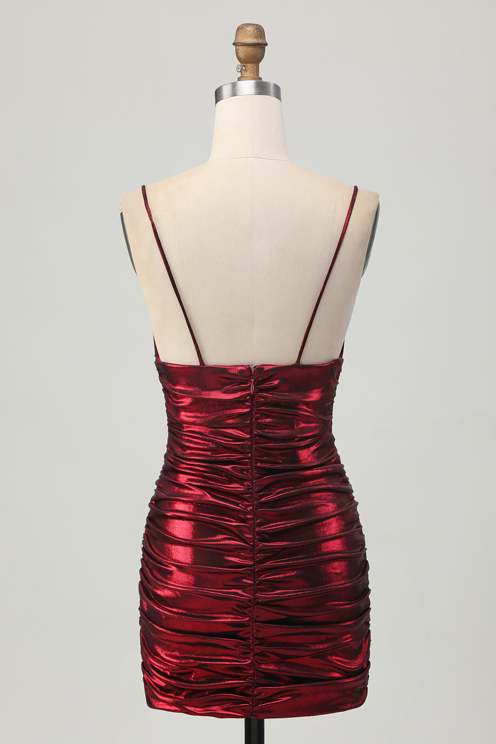 Burgundy Spaghetti Straps Ruched Tight Homecoming Dress
