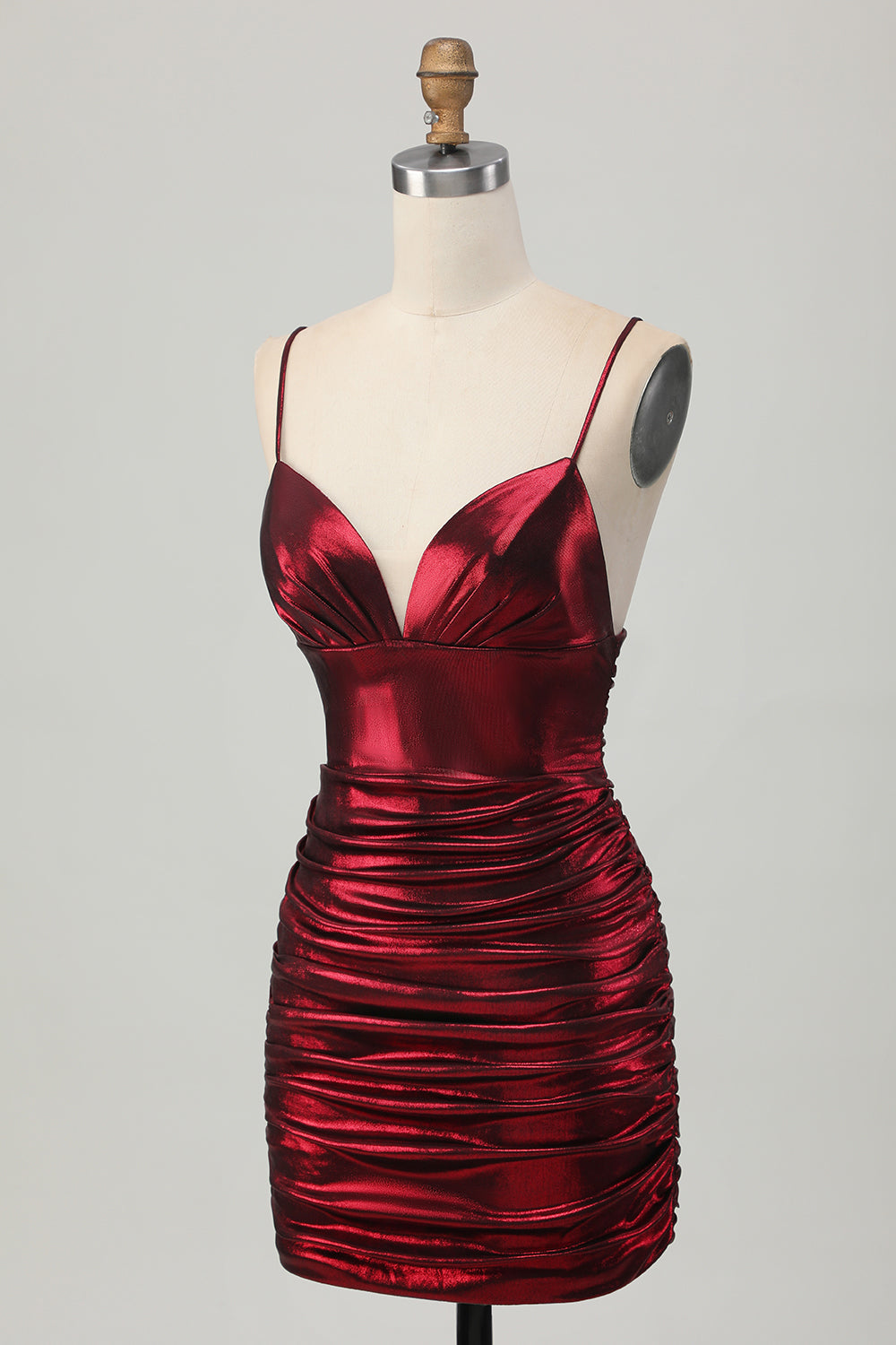 Burgundy Spaghetti Straps Ruched Tight Homecoming Dress