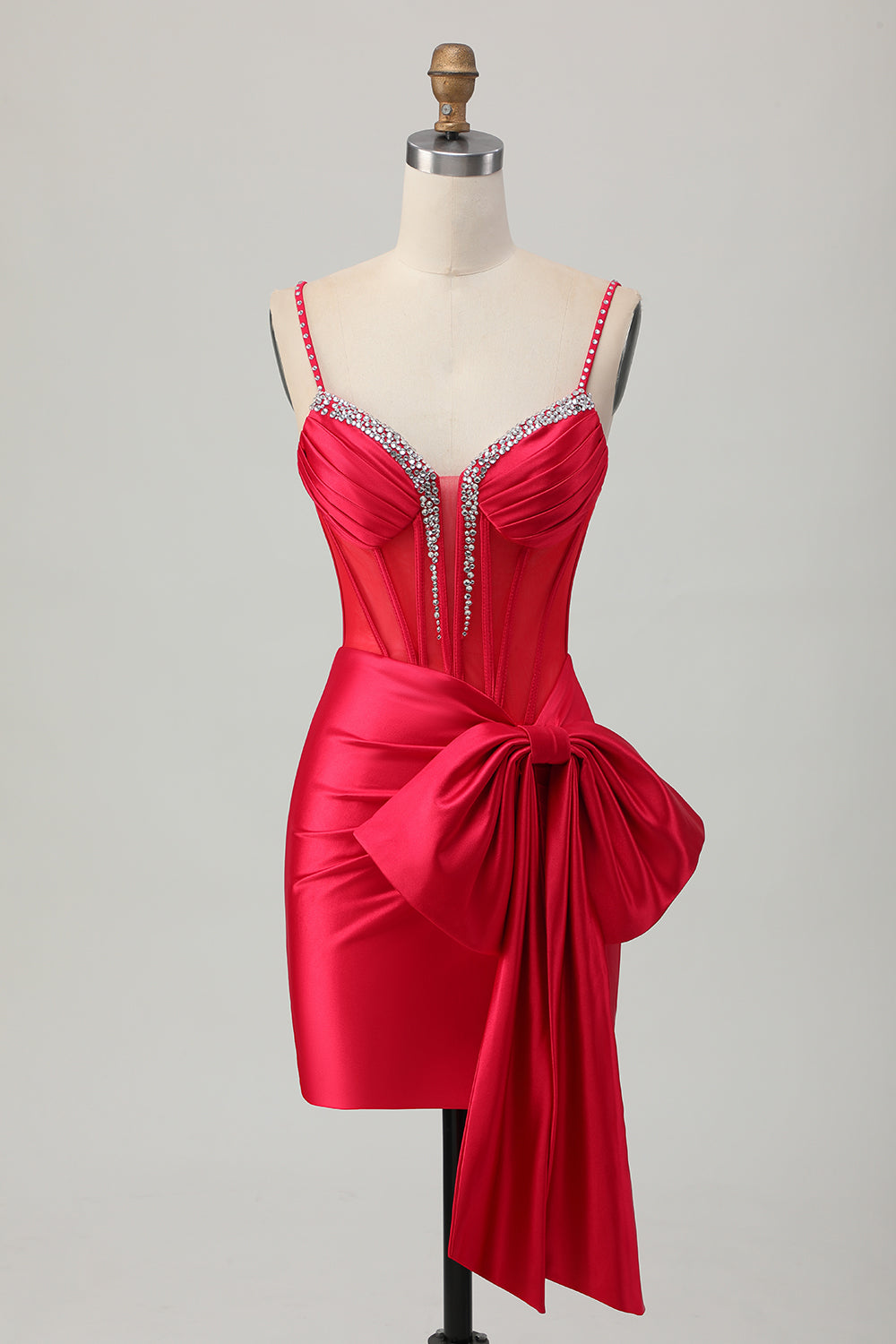 Red Tight Beaded Corset Homecoming Dress With Bow