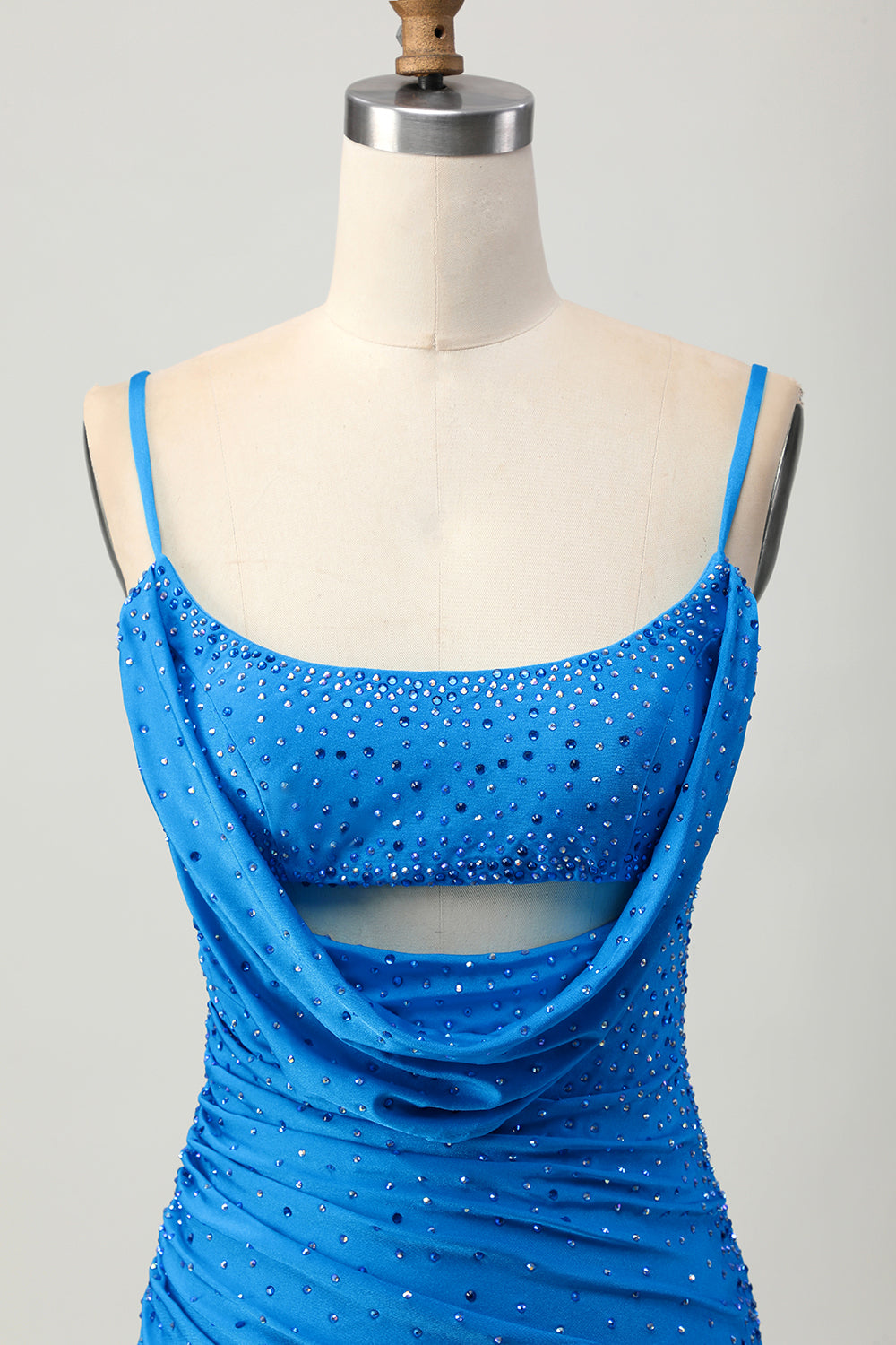 Blue Cowl Neck Bodycon Homecoming Dress with Beading