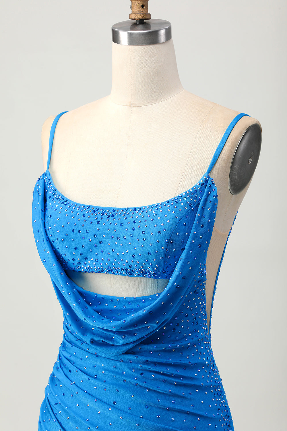 Blue Cowl Neck Bodycon Homecoming Dress with Beading