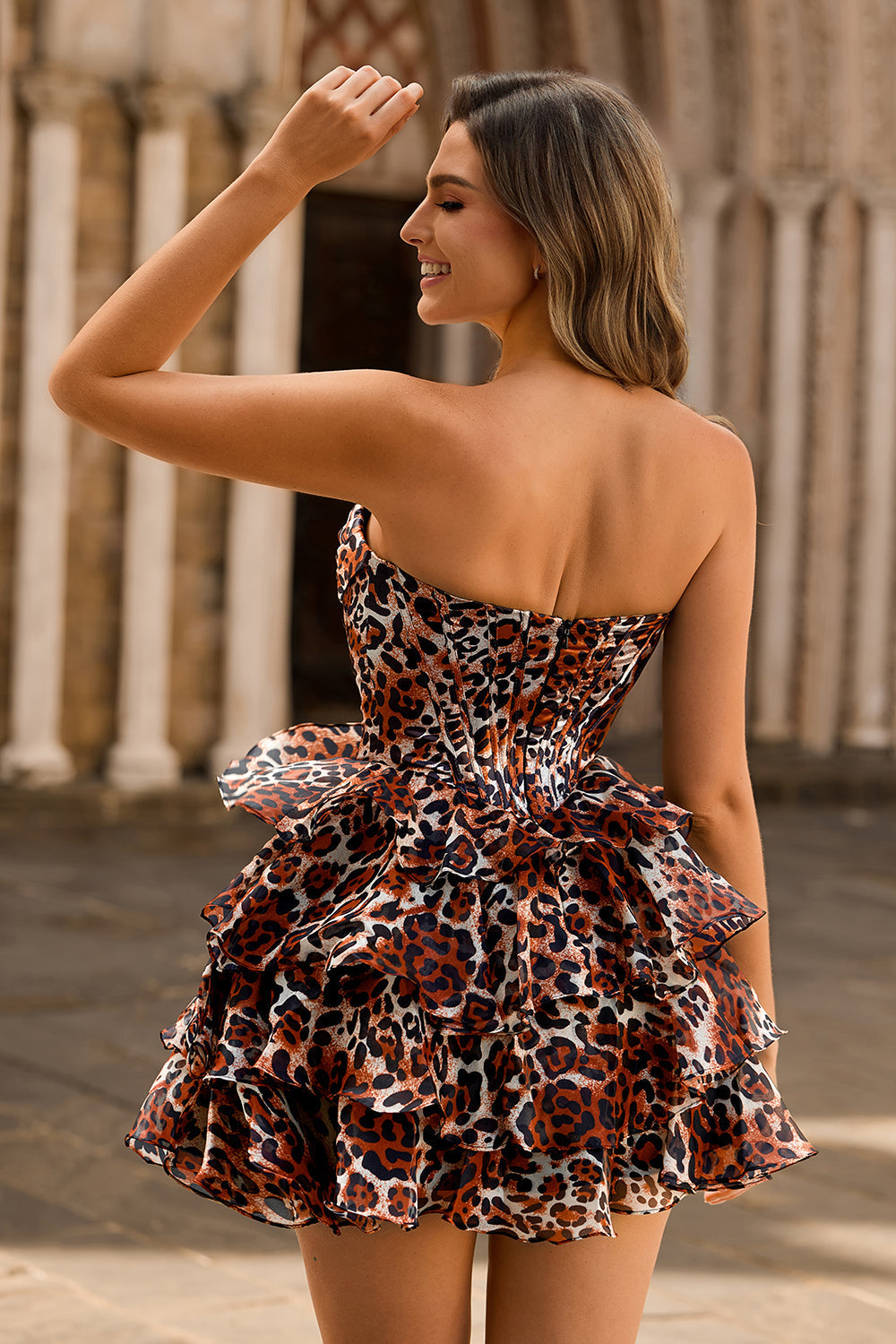 Corset A Line Sweetheart Tiered Khaki Leopard Homecoming Dress