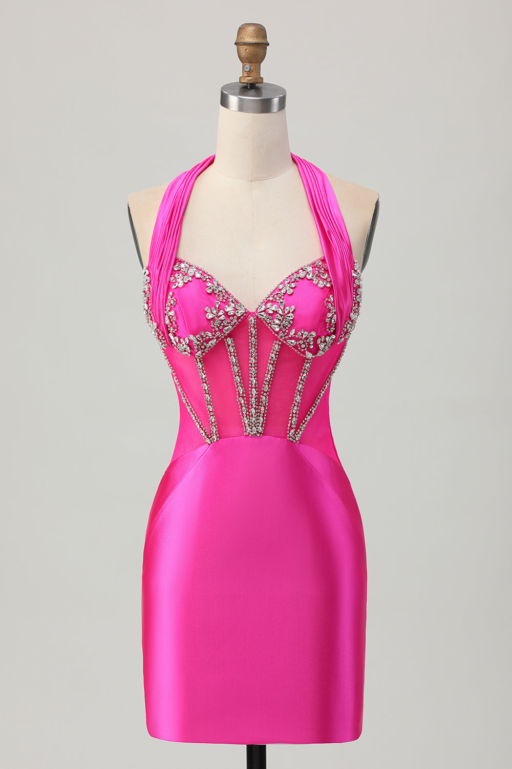 Halter Fuchsia Satin Bodycon Homecoming Dress With Rhinestones