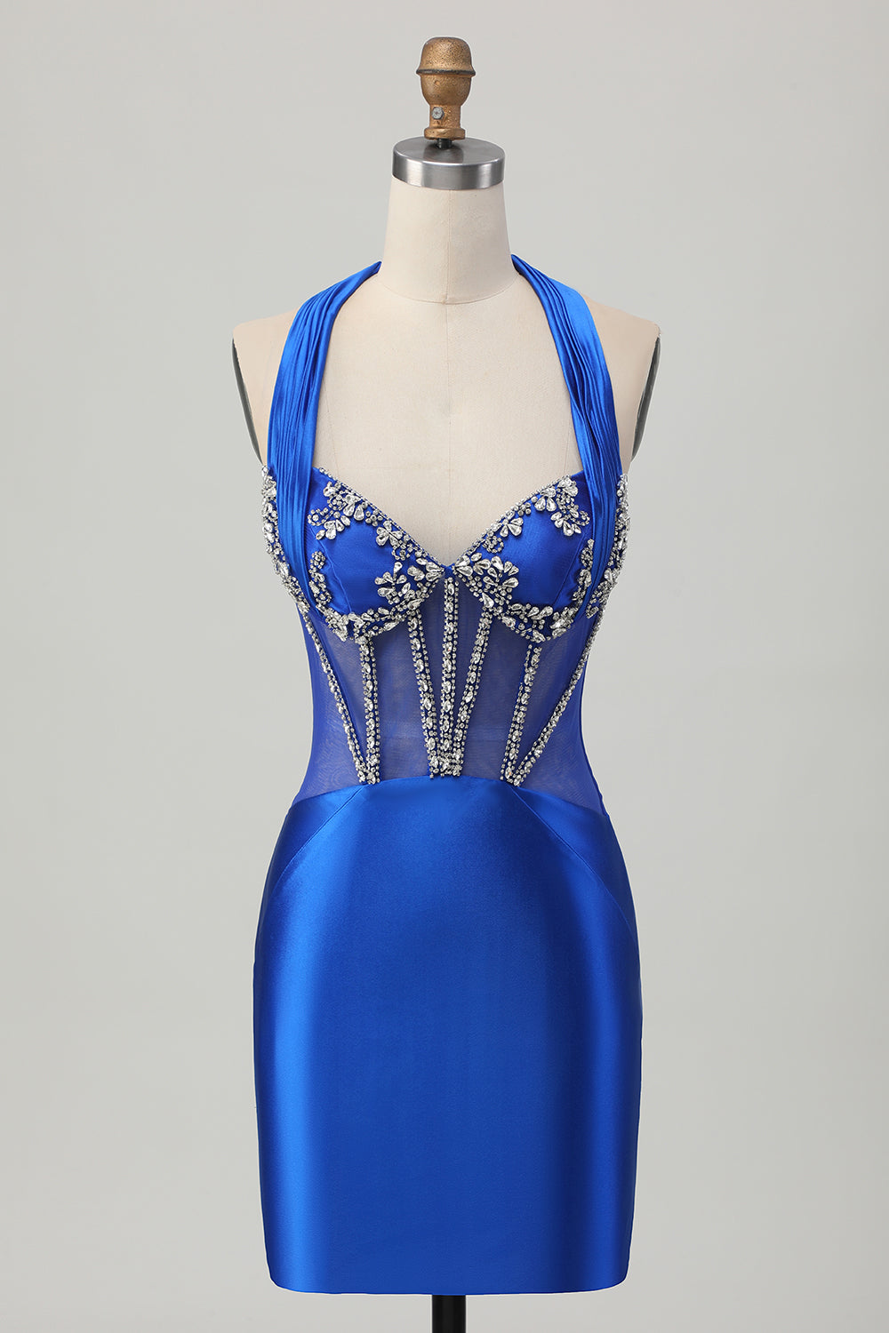 Fuchsia Halter Satin Bodycon Homecoming Dress with Rhinestones