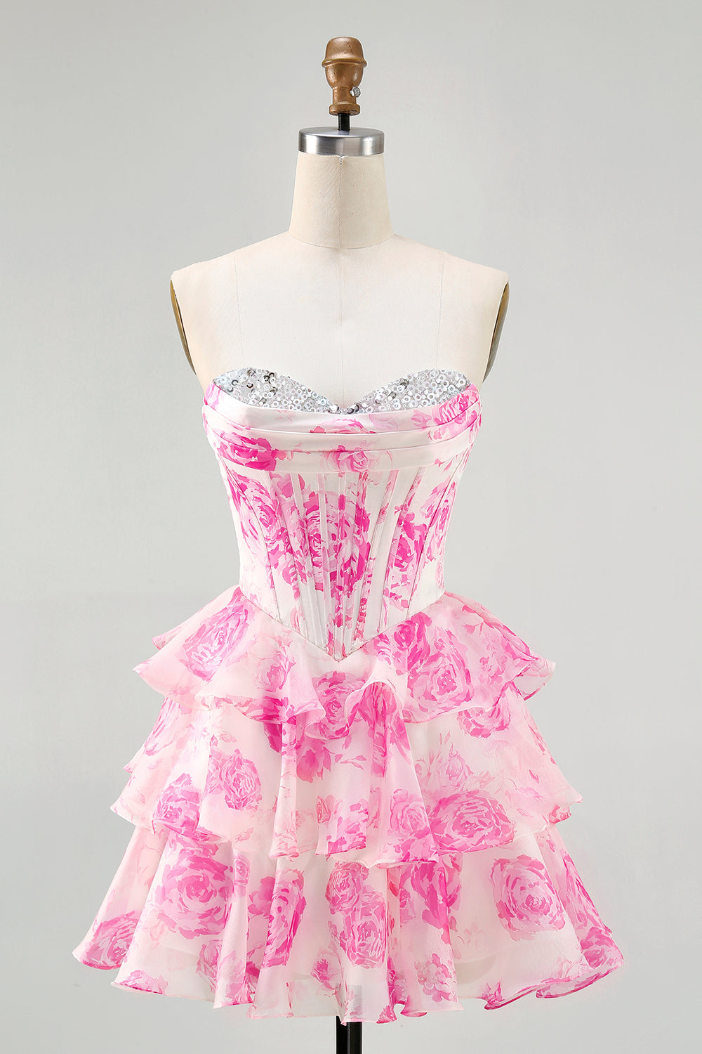 Pink Sweetheart Corset A-Line Printed Homecoming Dress With Sequins