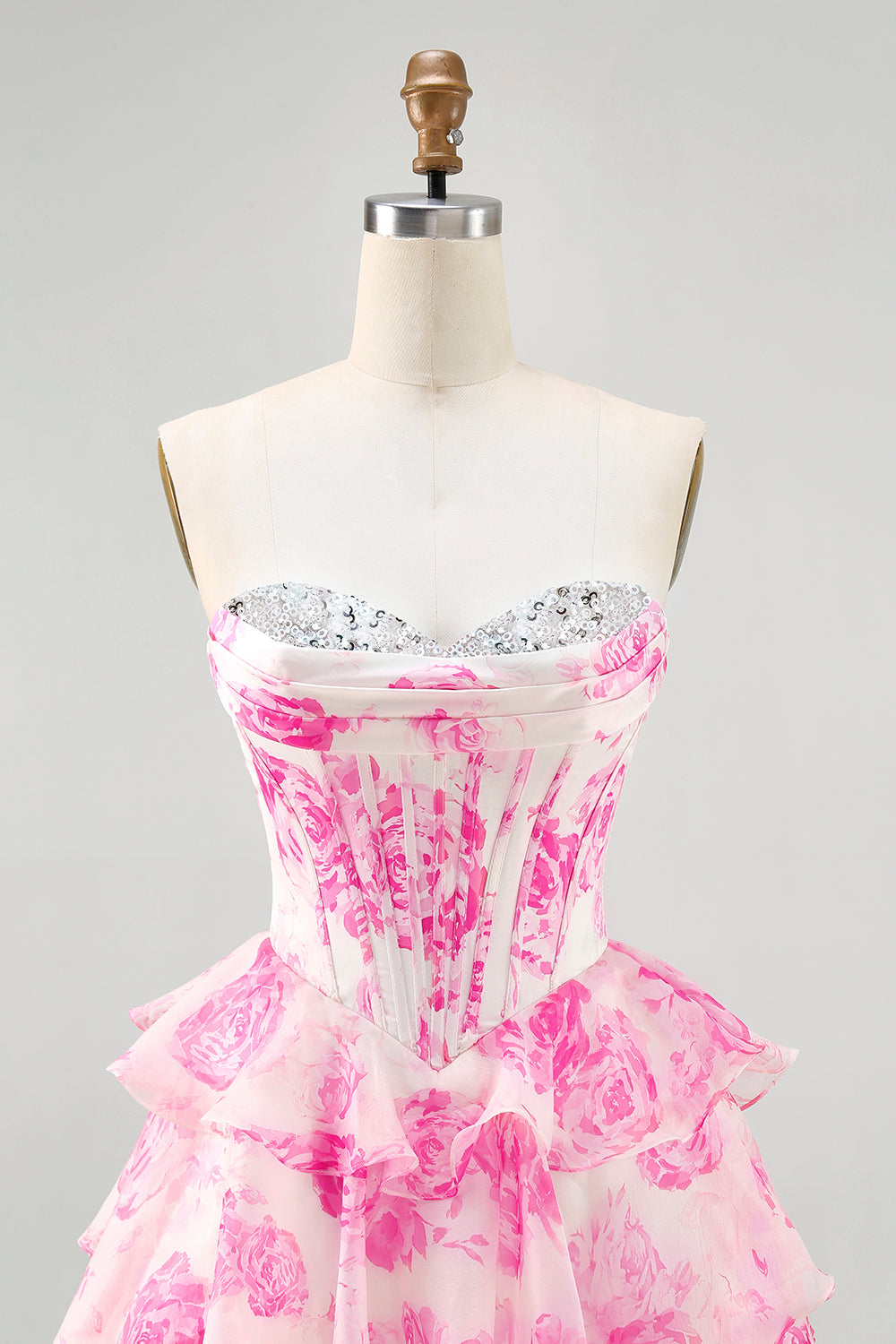 Corset A Line Strapless Tiered White Blue Flower Homecoming Dress with Sequins