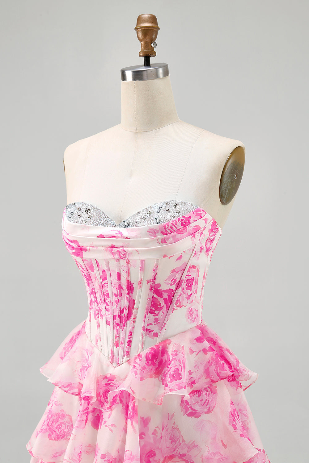Corset A Line Strapless Tiered White Blue Flower Homecoming Dress with Sequins