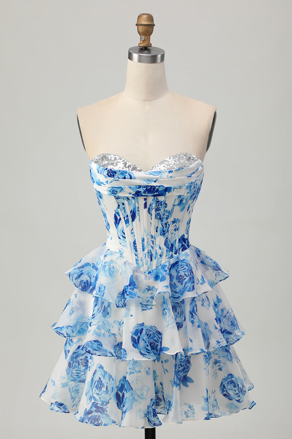White Blue Flower Corset A-Line Sweetheart Homecoming Dress With Ruffles