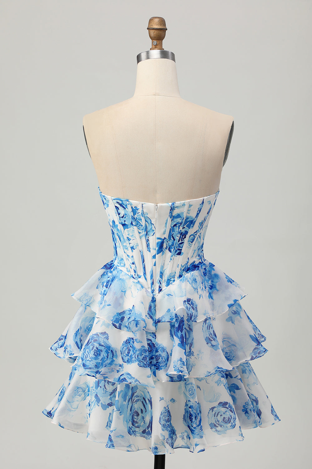 White Blue Flower Corset A-Line Sweetheart Homecoming Dress With Ruffles