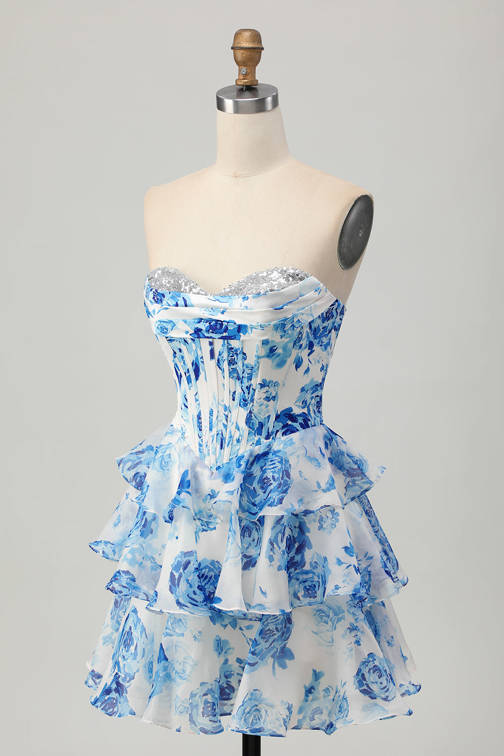Printed Pink Flower Strapless Corset Homecoming Dress with Sequins