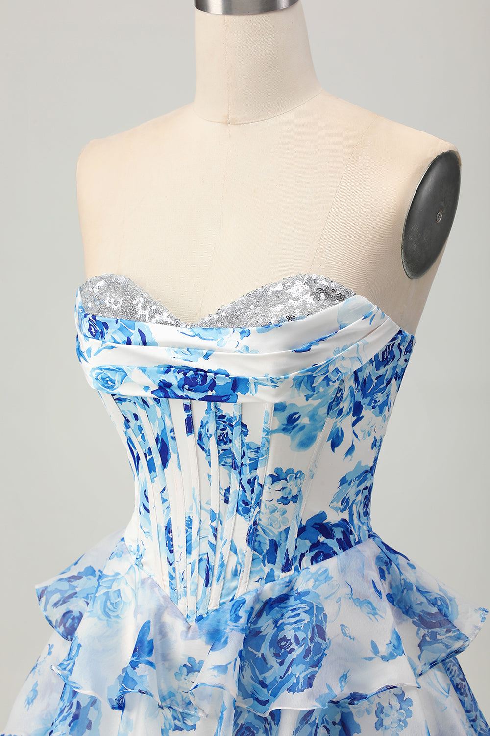 Printed Pink Flower Strapless Corset Homecoming Dress with Sequins