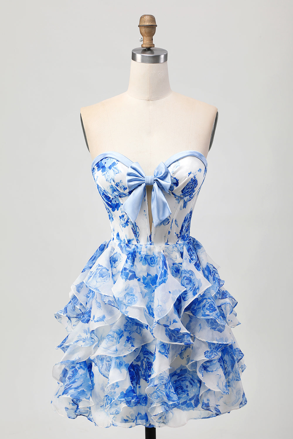 Sweetheart Ruffle A-Line Printed White Blue Homecoming Dress With Bow