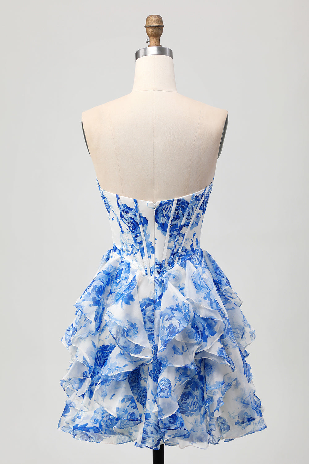 White Blue Floral A-Line Ruffled Strapless Homecoming Dress with Bow