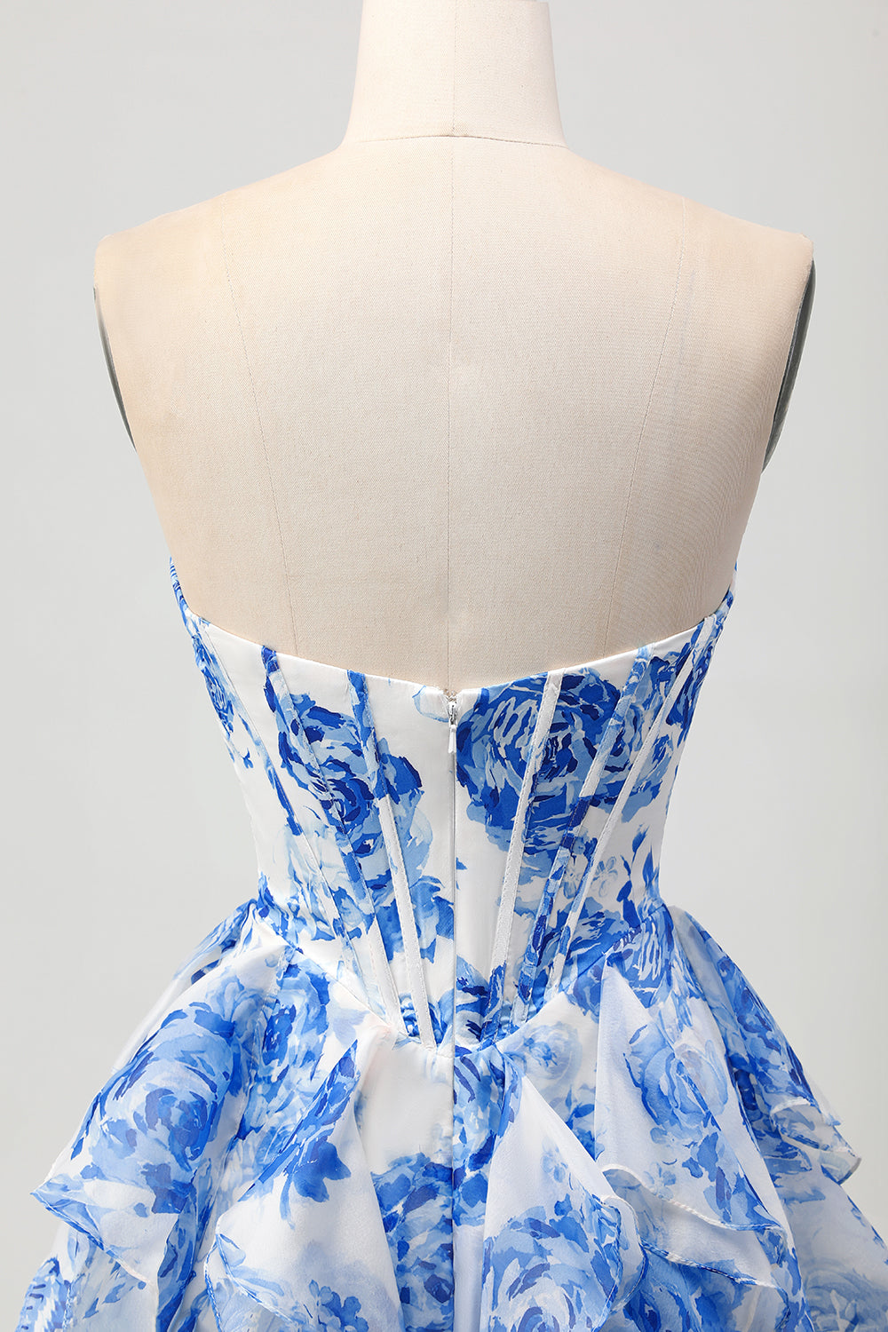 White Blue Floral A-Line Ruffled Strapless Homecoming Dress with Bow