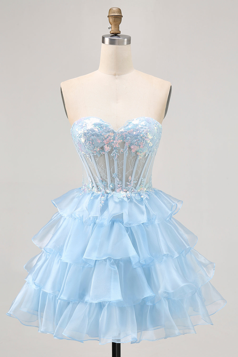 Pink Strapless Ruffle Lace Corset Homecoming Dress with Sequins