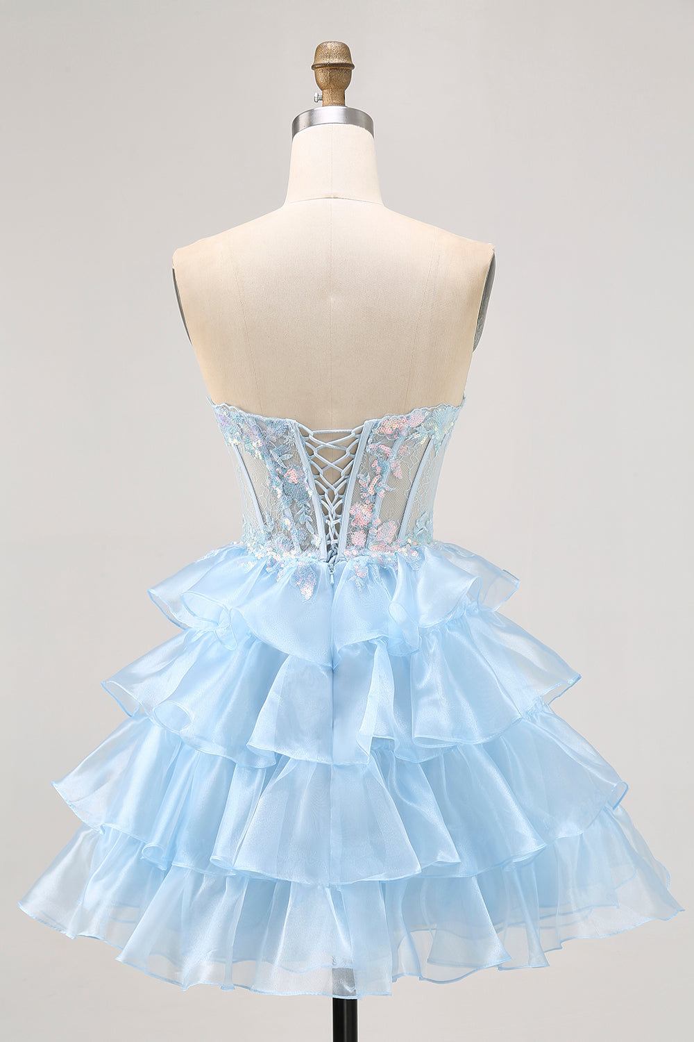 Pink Strapless Ruffle Lace Corset Homecoming Dress with Sequins