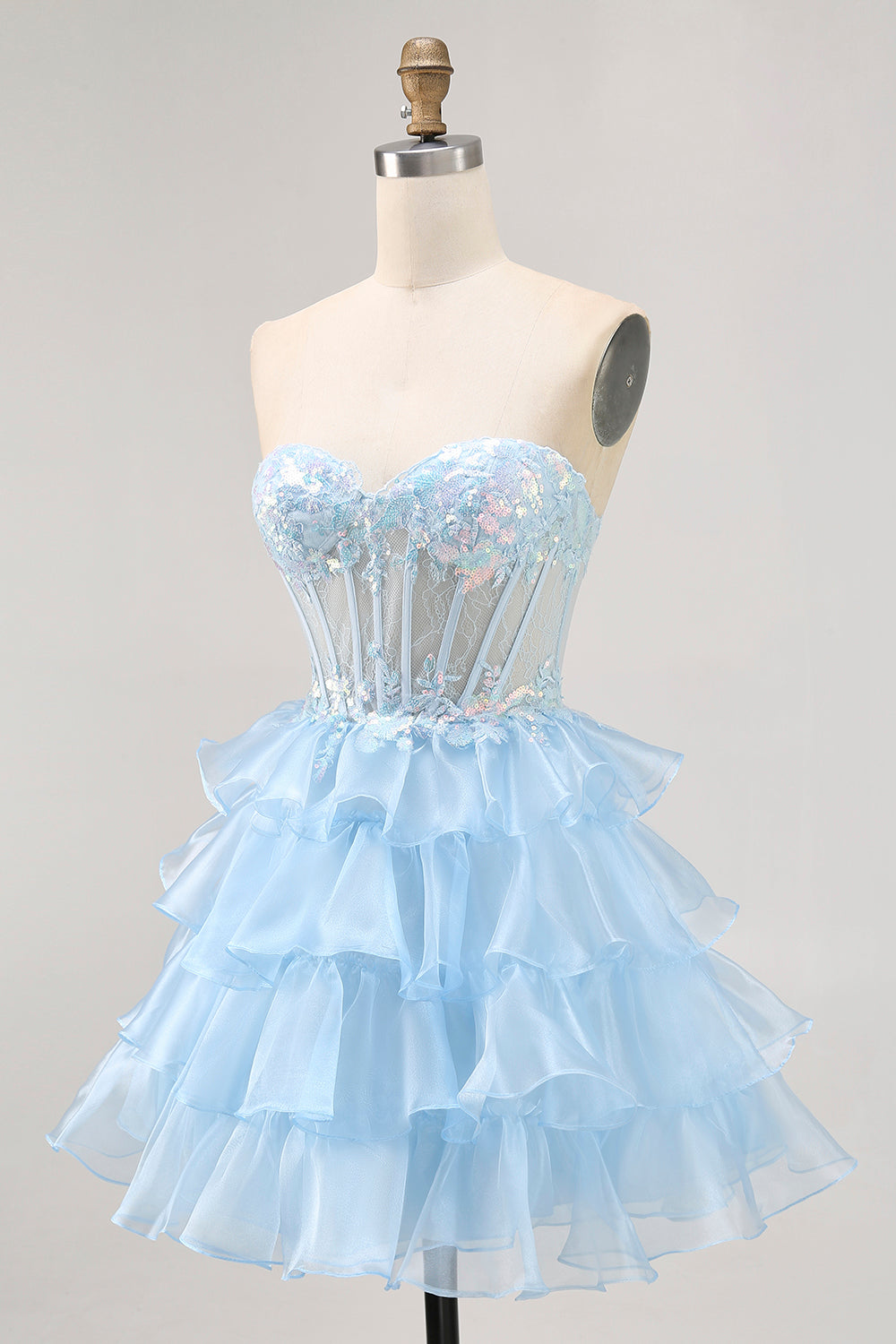 Pink Strapless Ruffle Lace Corset Homecoming Dress with Sequins