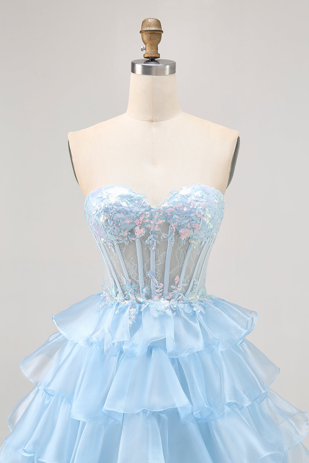 Pink Strapless Ruffle Lace Corset Homecoming Dress with Sequins