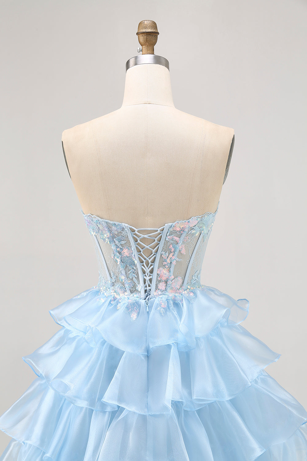Pink Strapless Ruffle Lace Corset Homecoming Dress with Sequins