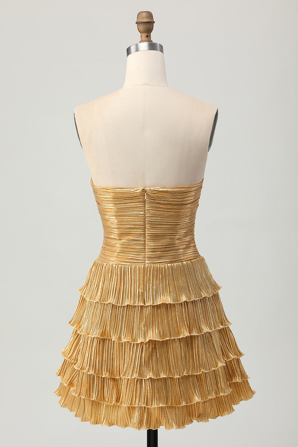Metallic Golden Cut Out Pleated Tiered Strapless Homecoming Dress