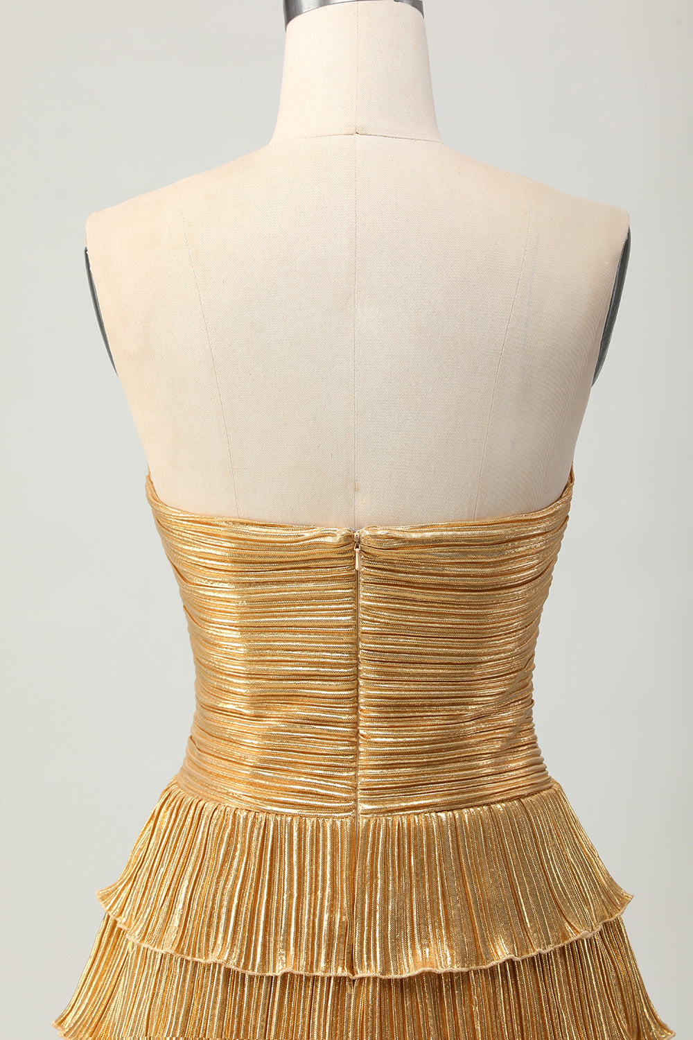 Metallic Golden Cut Out Pleated Tiered Strapless Homecoming Dress