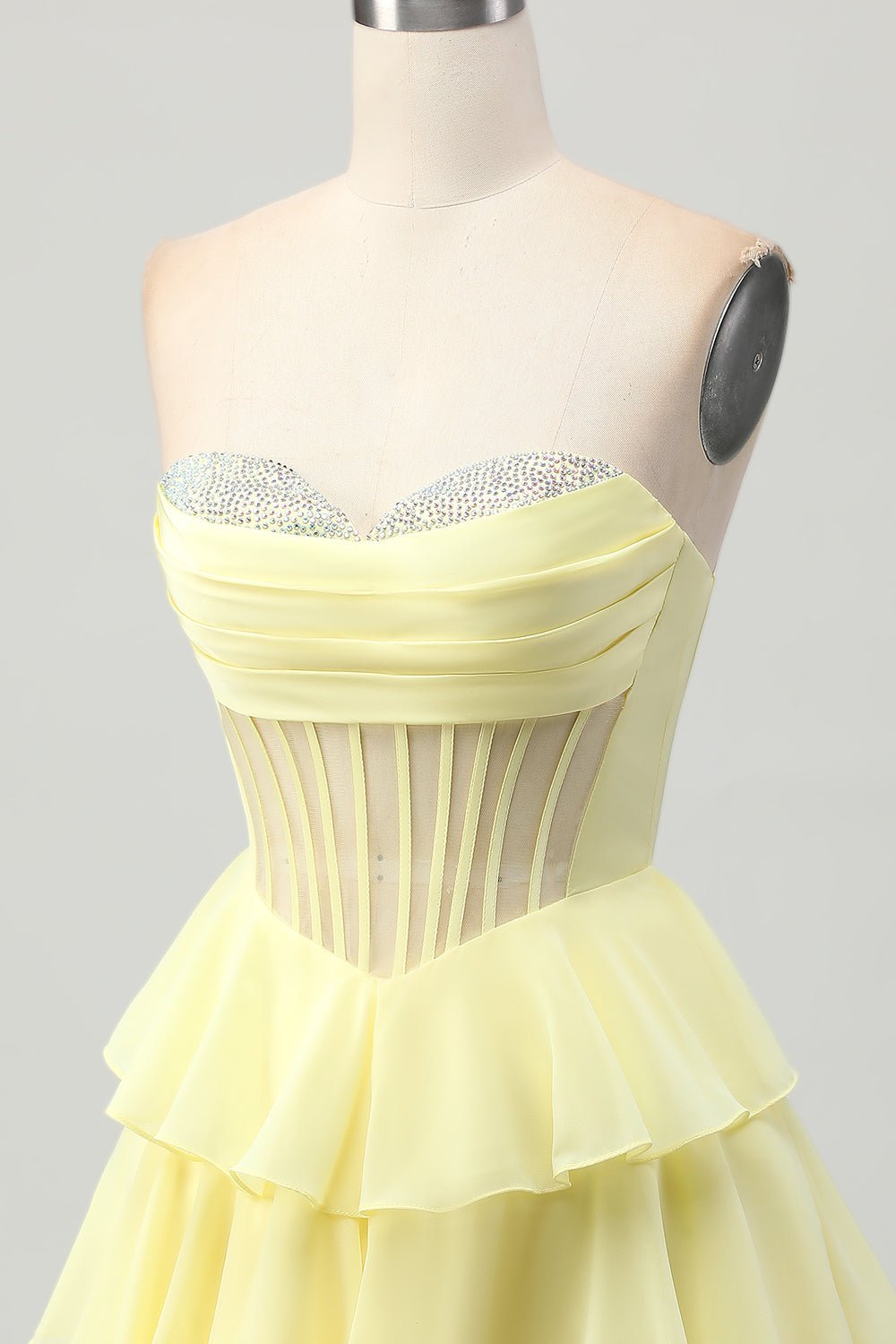 Yellow Strapless Tiered Corset A-Line Homecoming Dress with Beading