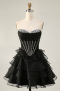 Black Strapless A Line Tiered Corset Homecoming Dress with Beading